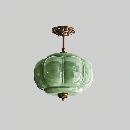 Green Glass Semi Flush Mount Ceiling Light Ribbed Close Up