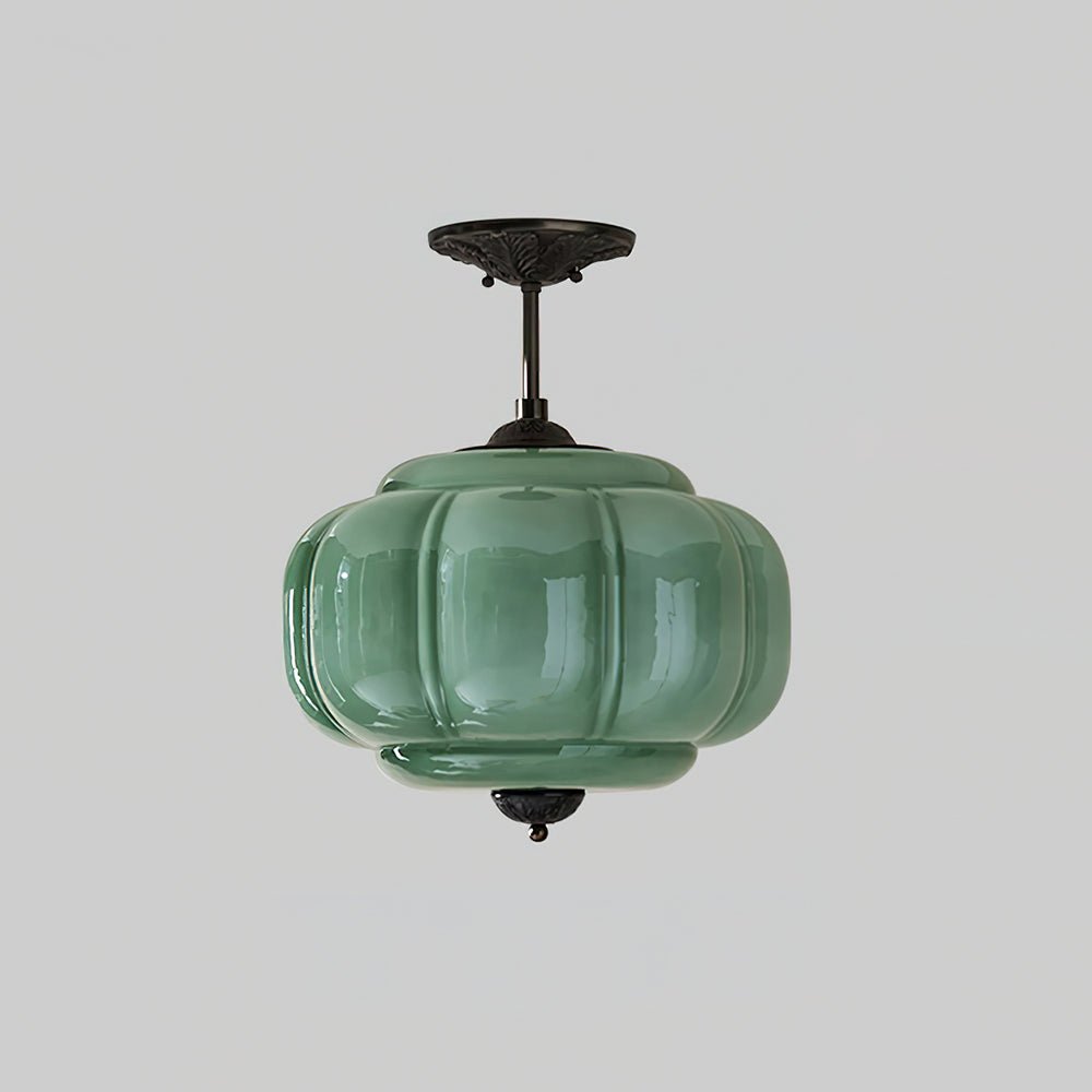 Green Glass Semi Flush Mount Ceiling Light Ribbed Detail