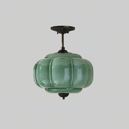 Green Glass Semi Flush Mount Ceiling Light Ribbed Detail