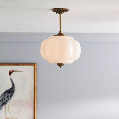 Green Glass Semi Flush Mount Ceiling Light Ribbed Full