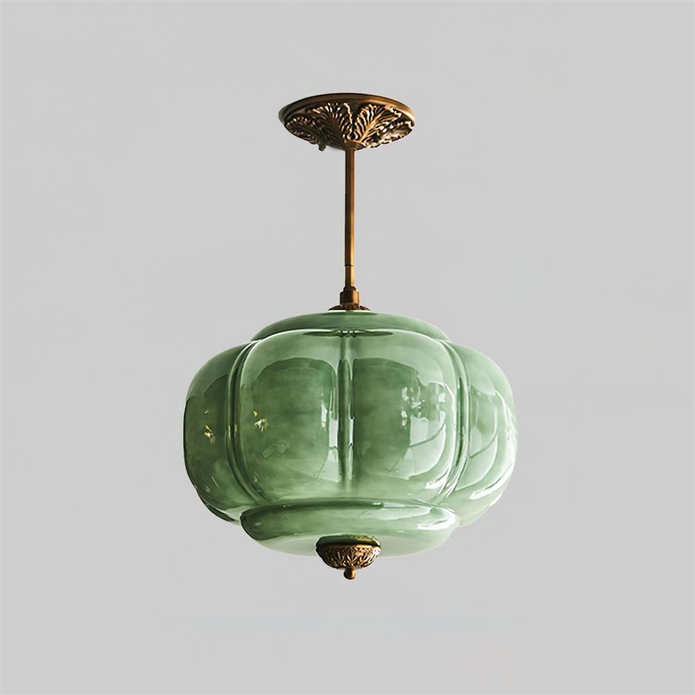 Green Glass Semi Flush Mount Ceiling Light Ribbed Side