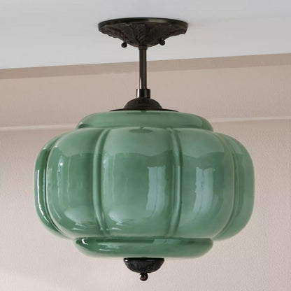 Green Glass Semi Flush Mount Ceiling Light Ribbed View 13