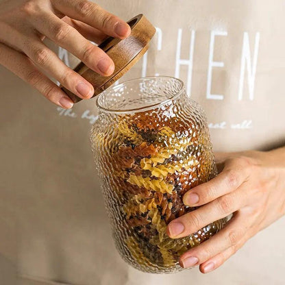 Hammered Glass Airtight Storage Jar Timber Lid Back