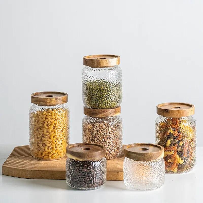 Hammered Glass Airtight Storage Jar Timber Lid Detail