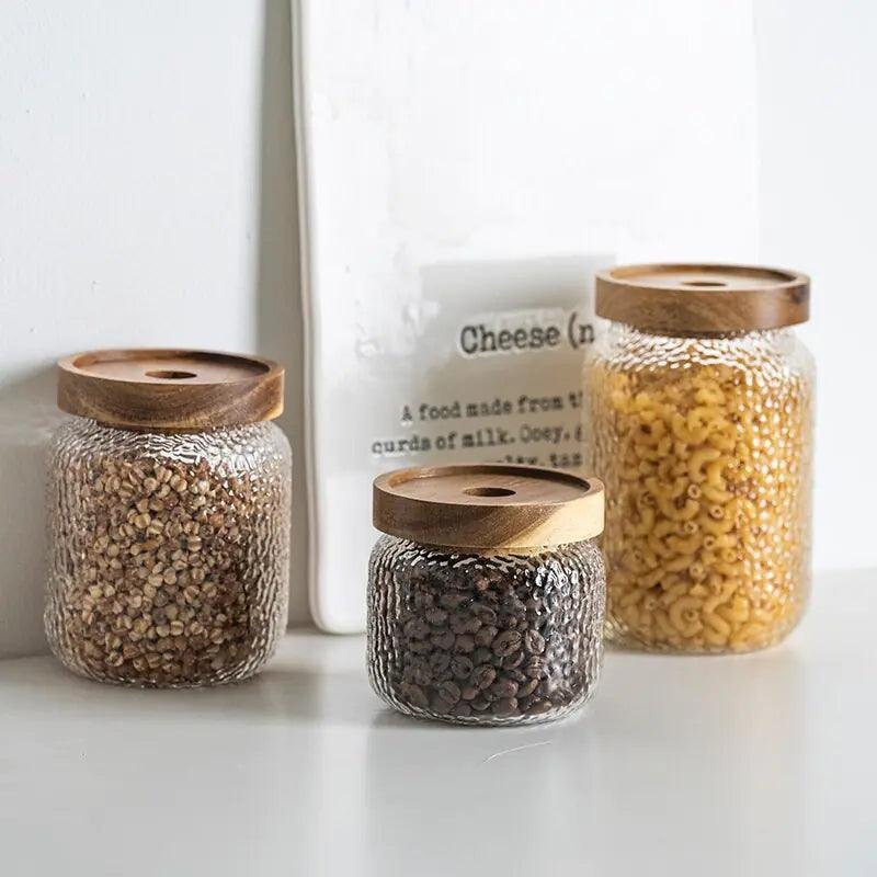 Hammered Glass Airtight Storage Jar Timber Lid Side