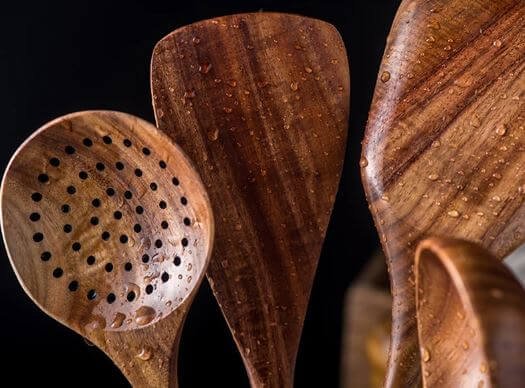 Handcrafted Teak Cooking Utensil Set Eco-Friendly Close Up