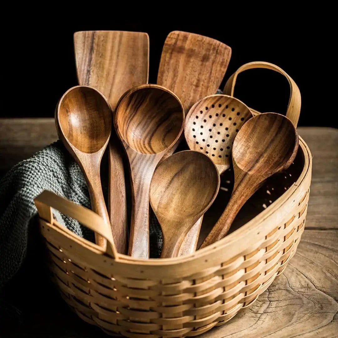 Handcrafted Teak Cooking Utensil Set Eco-Friendly Detail