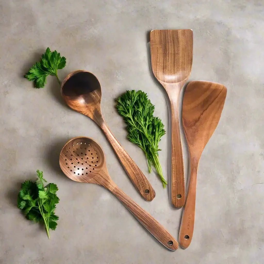 Handcrafted Teak Cooking Utensil Set Eco-Friendly Front