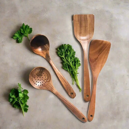 Handcrafted Teak Cooking Utensil Set Eco-Friendly Front