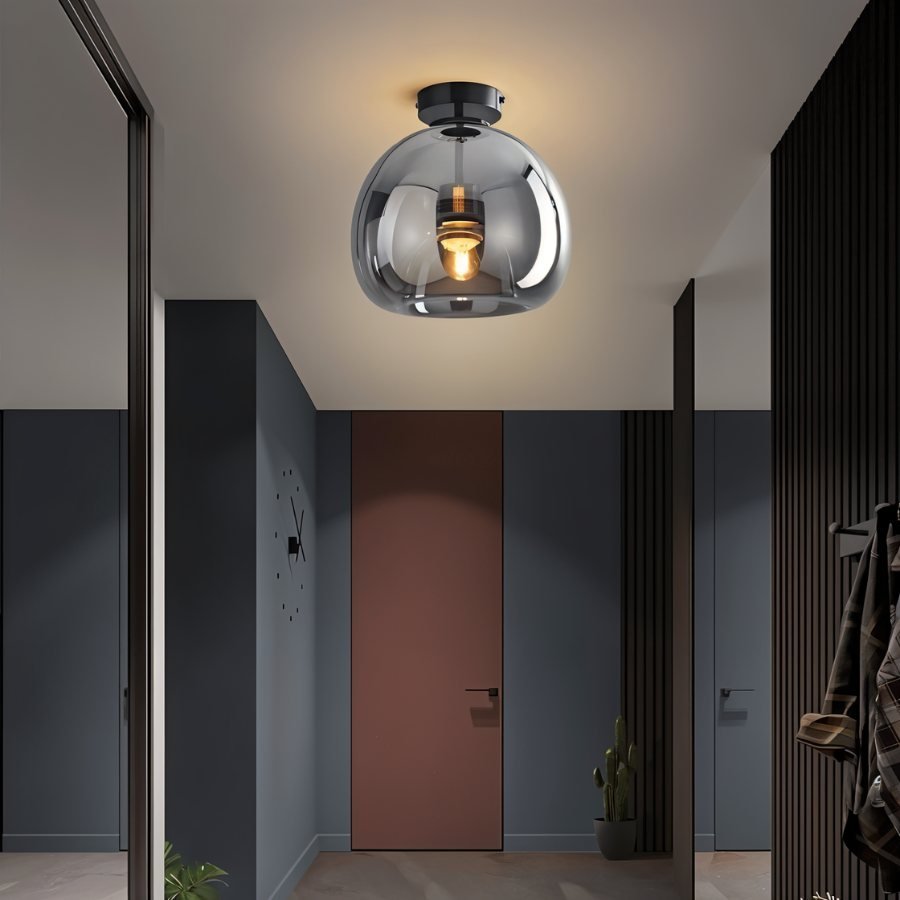 Industrial Glass Ceiling Light Smoked Dome Shade LED Back