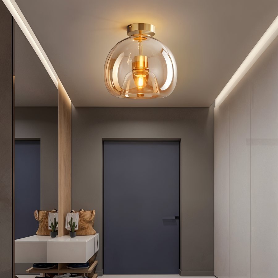 Industrial Glass Ceiling Light Smoked Dome Shade LED Close Up