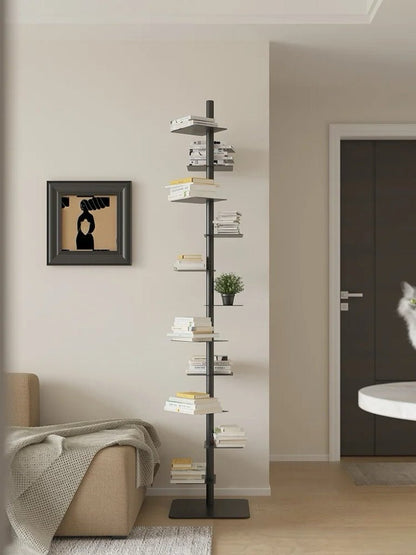 Industrial Steel Spiral Bookshelf Cantilevered Ledges Close Up