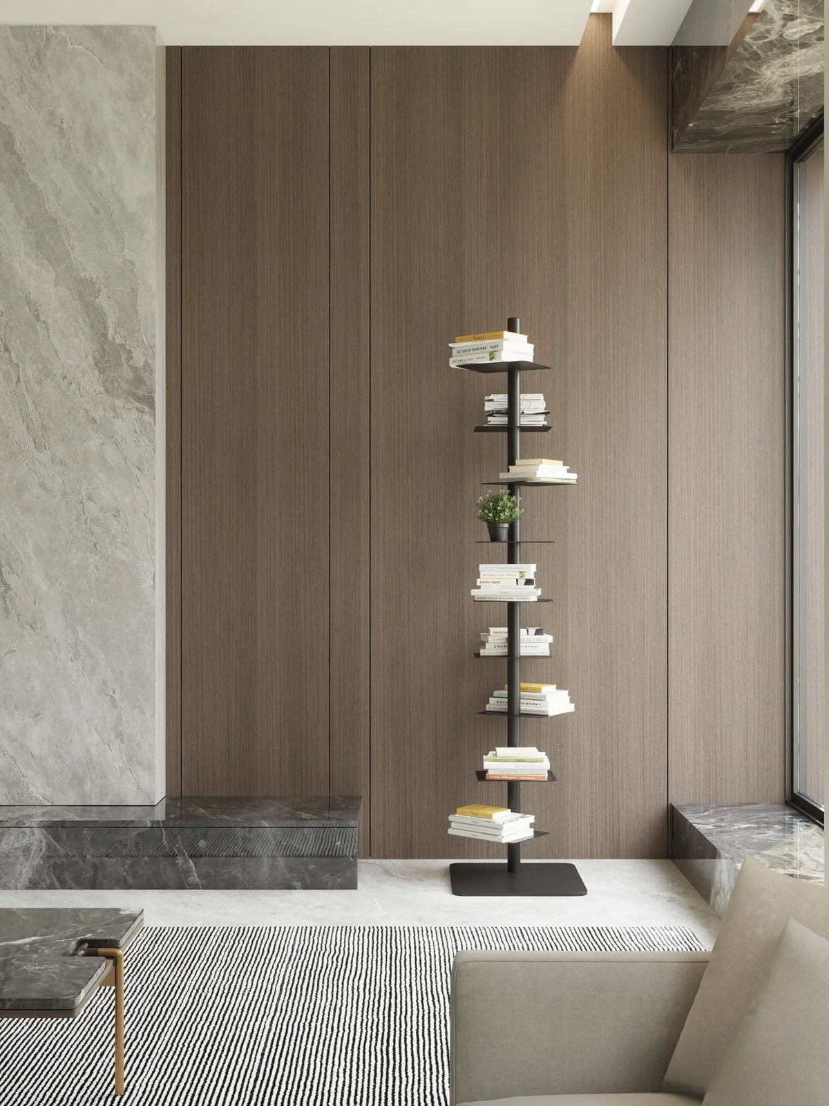 Industrial Steel Spiral Bookshelf Cantilevered Ledges Detail