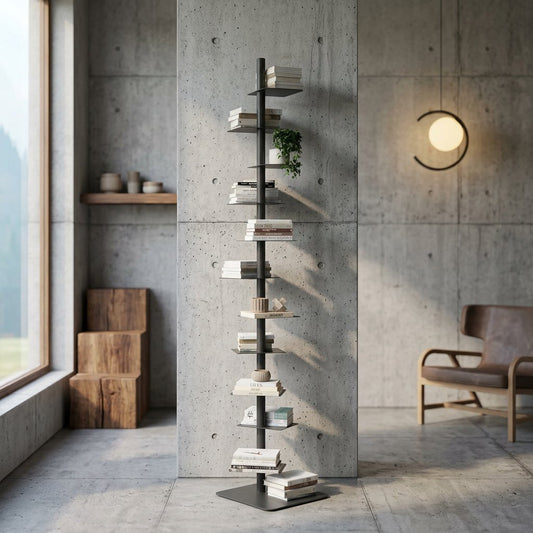 Industrial Steel Spiral Bookshelf Cantilevered Ledges Hero