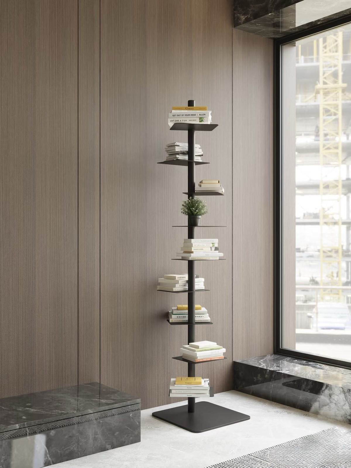 Industrial Steel Spiral Bookshelf Cantilevered Ledges Lifestyle