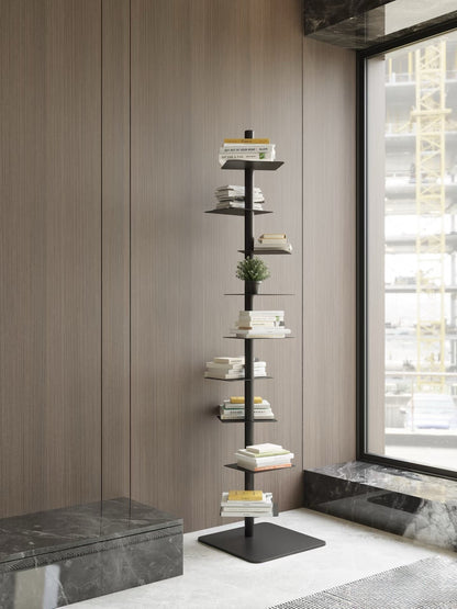 Industrial Steel Spiral Bookshelf Cantilevered Ledges Lifestyle