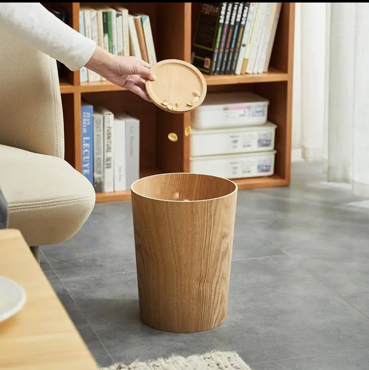Japandi Wood Grain Trash Bin Steel Floating Plant Stand Swing Lid Alternate