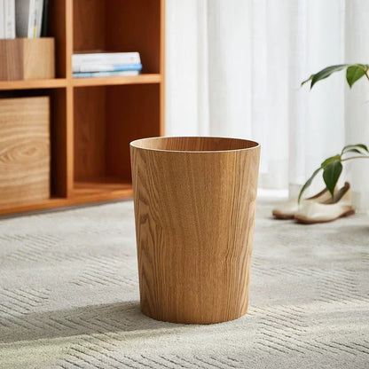 Japandi Wood Grain Trash Bin Steel Floating Plant Stand Swing Lid Angle