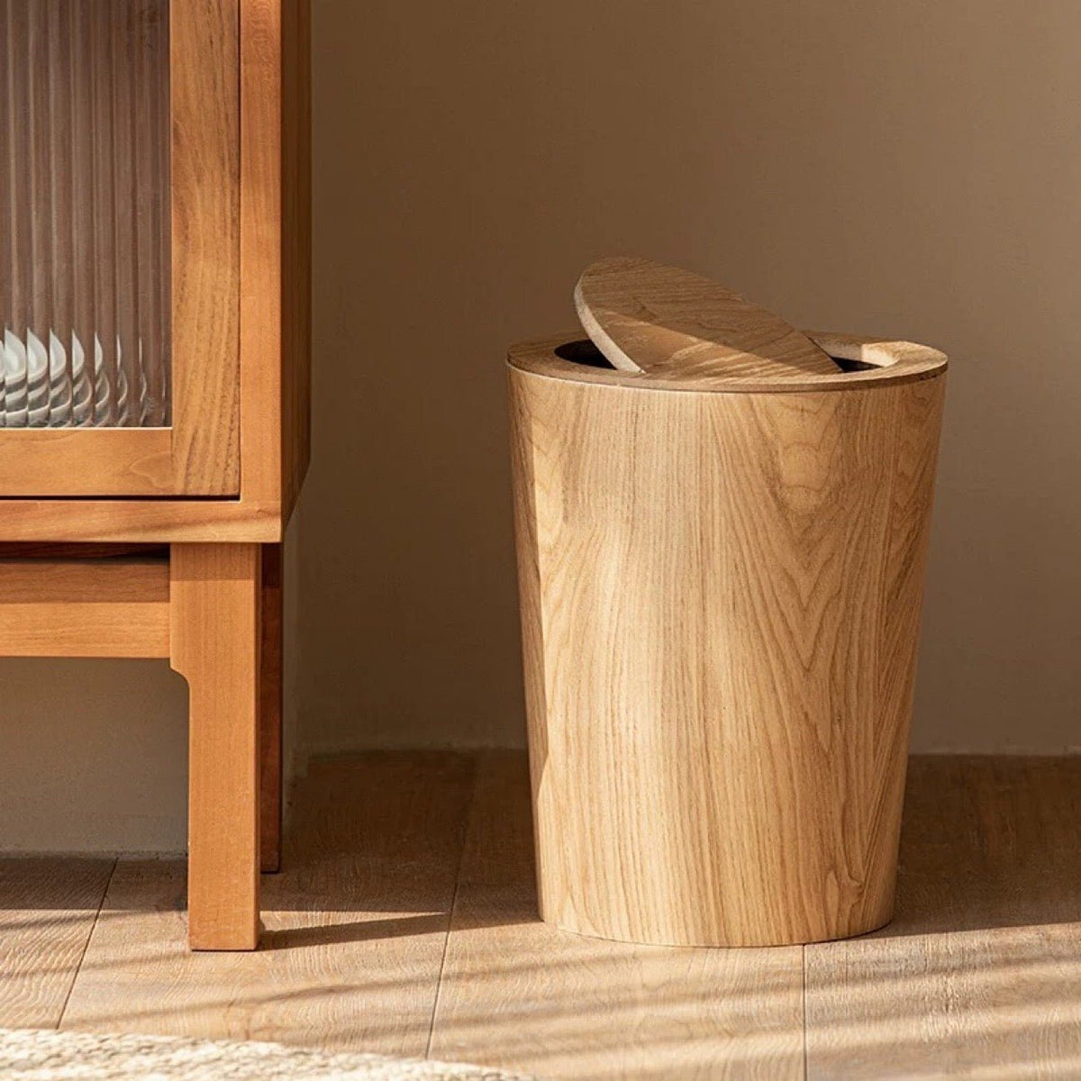 Japandi Wood Grain Trash Bin Steel Floating Plant Stand Swing Lid Close Up