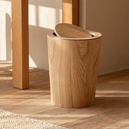 Japandi Wood Grain Trash Bin Steel Floating Plant Stand Swing Lid Front