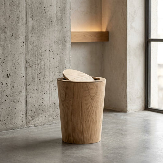 Japandi Wood Grain Trash Bin Steel Floating Plant Stand Swing Lid Hero