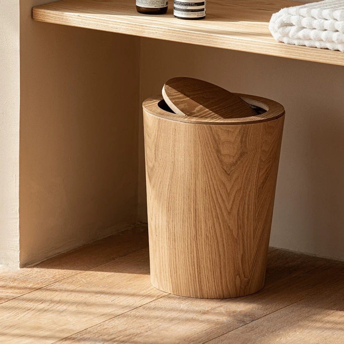 Japandi Wood Grain Trash Bin Steel Floating Plant Stand Swing Lid Side
