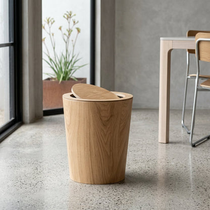 Japandi Wood Grain Trash Bin Steel Floating Plant Stand Swing Lid View 11