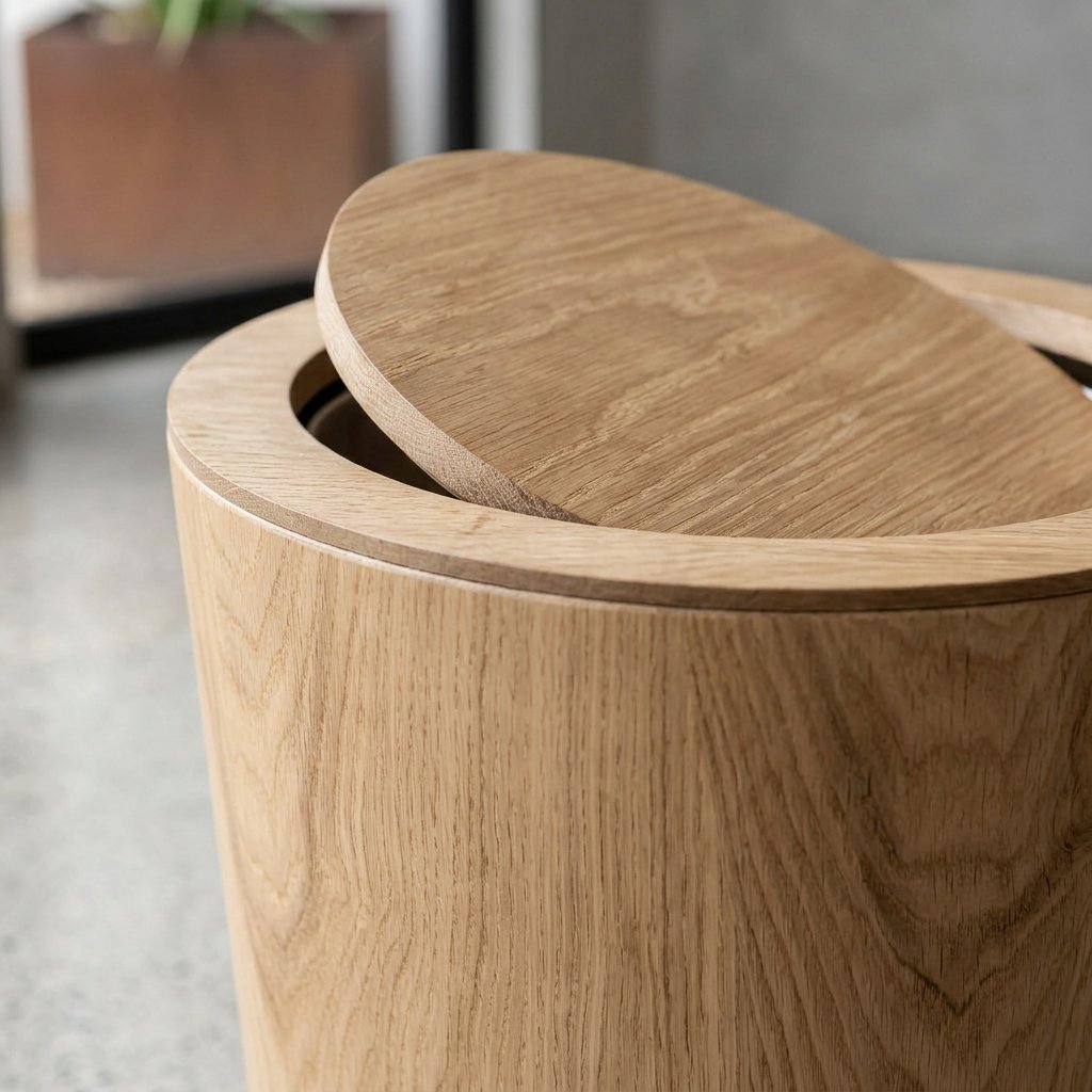 Japandi Wood Grain Trash Bin Steel Floating Plant Stand Swing Lid View 13
