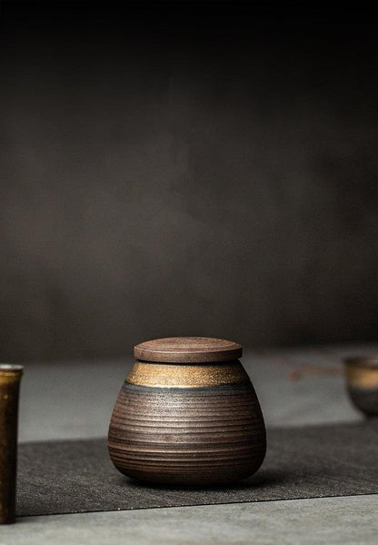 Japanese Pottery Handmade Wabi-Sabi Sealed Storage Jar Angle