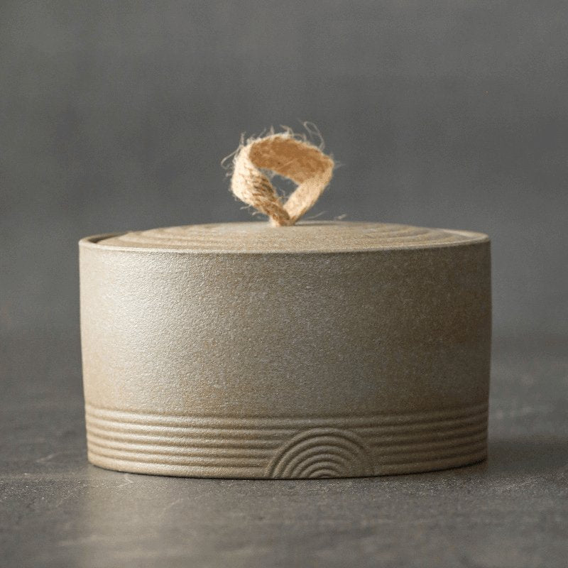 Japanese Pottery Wabi-Sabi Storage Jar Ringed Lid Angle