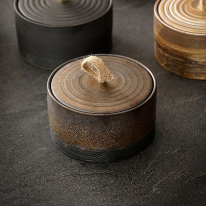 Japanese Pottery Wabi-Sabi Storage Jar Ringed Lid Hero