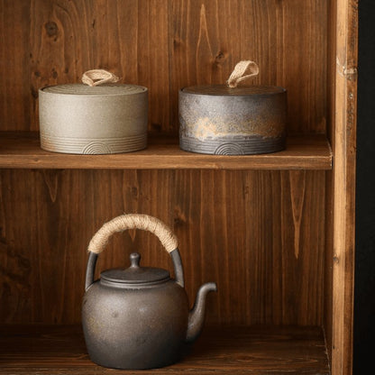 Japanese Pottery Wabi-Sabi Storage Jar Ringed Lid Lifestyle