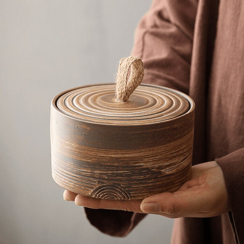 Japanese Pottery Wabi-Sabi Storage Jar Ringed Lid Side