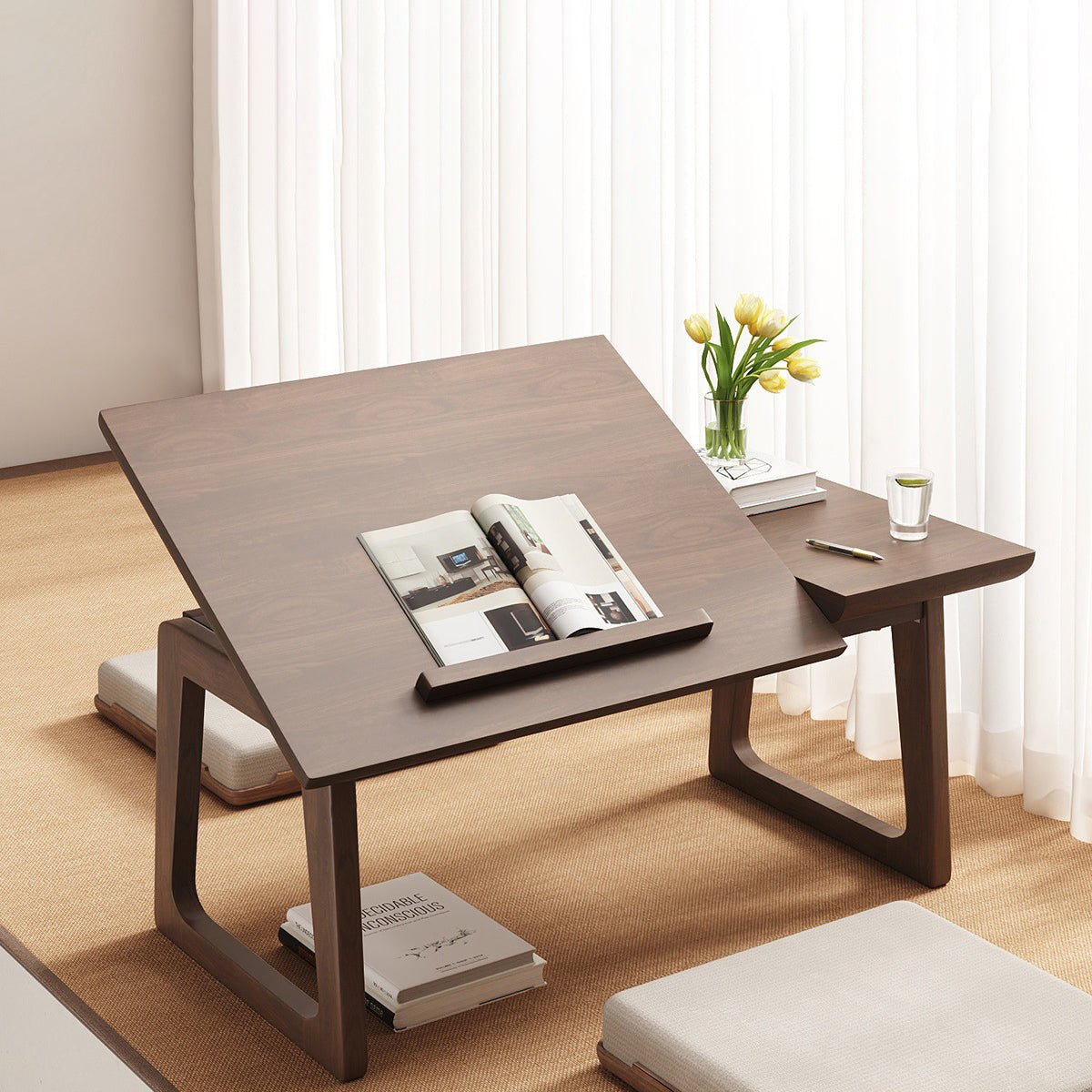 Japanese Solid Wood Foldable Side Table Tilting Top Alternate