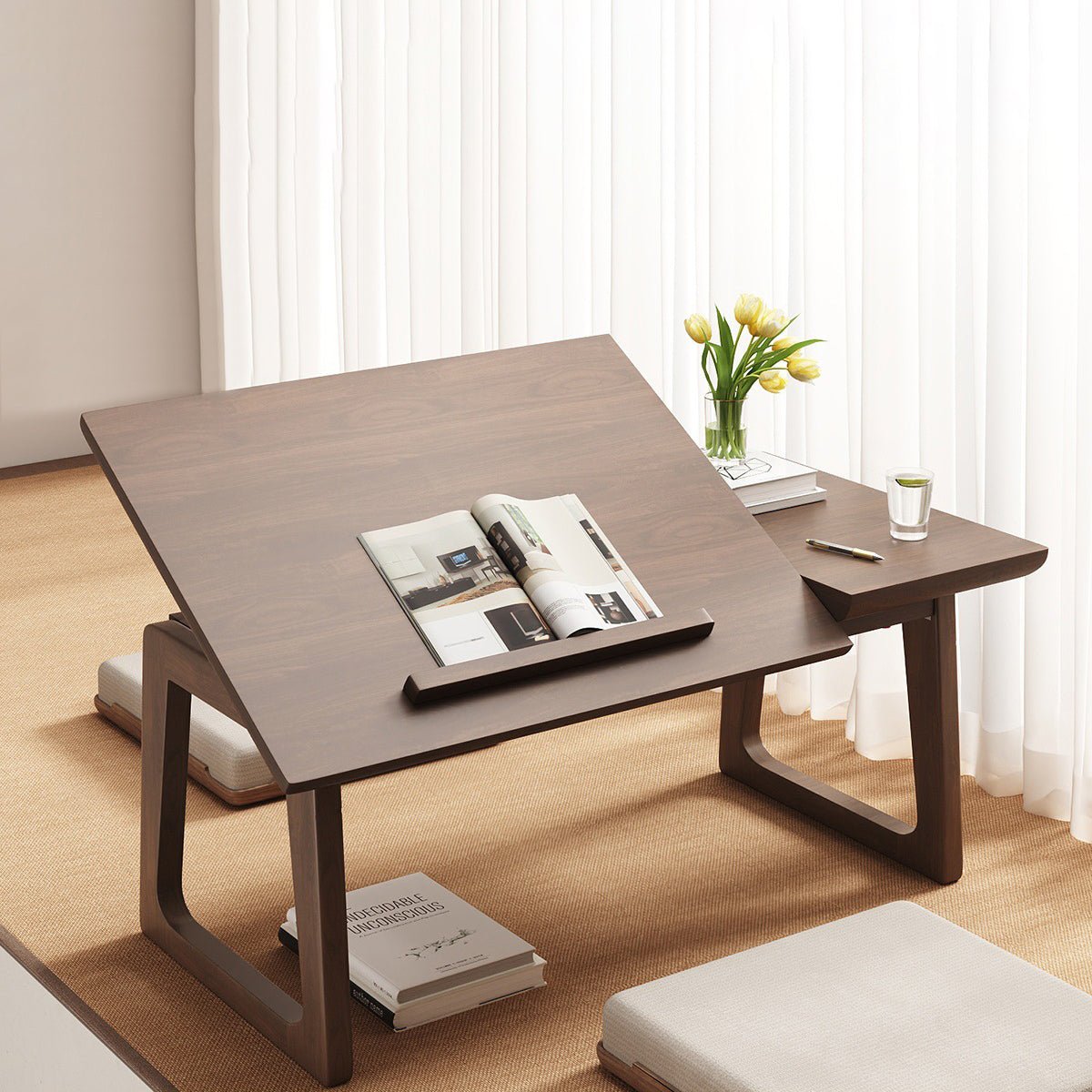 Japanese Solid Wood Foldable Side Table Tilting Top Detail