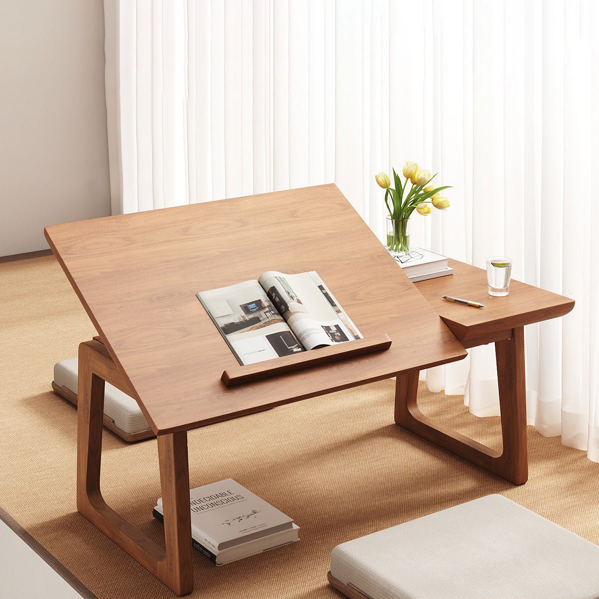 Japanese Solid Wood Foldable Side Table Tilting Top Front