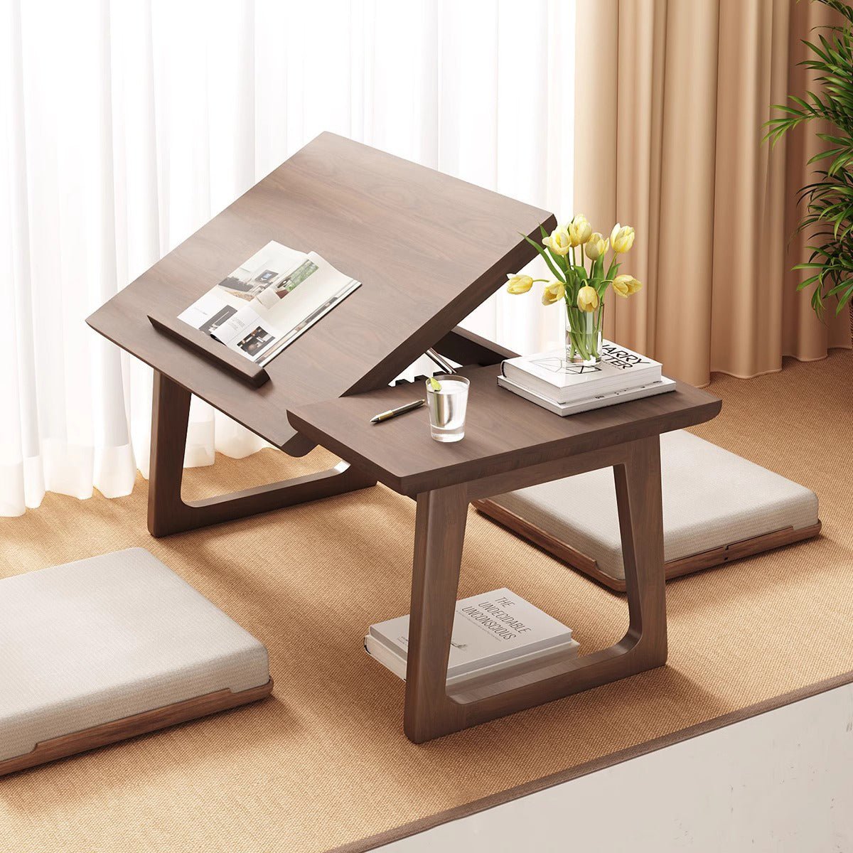Japanese Solid Wood Foldable Side Table Tilting Top Full