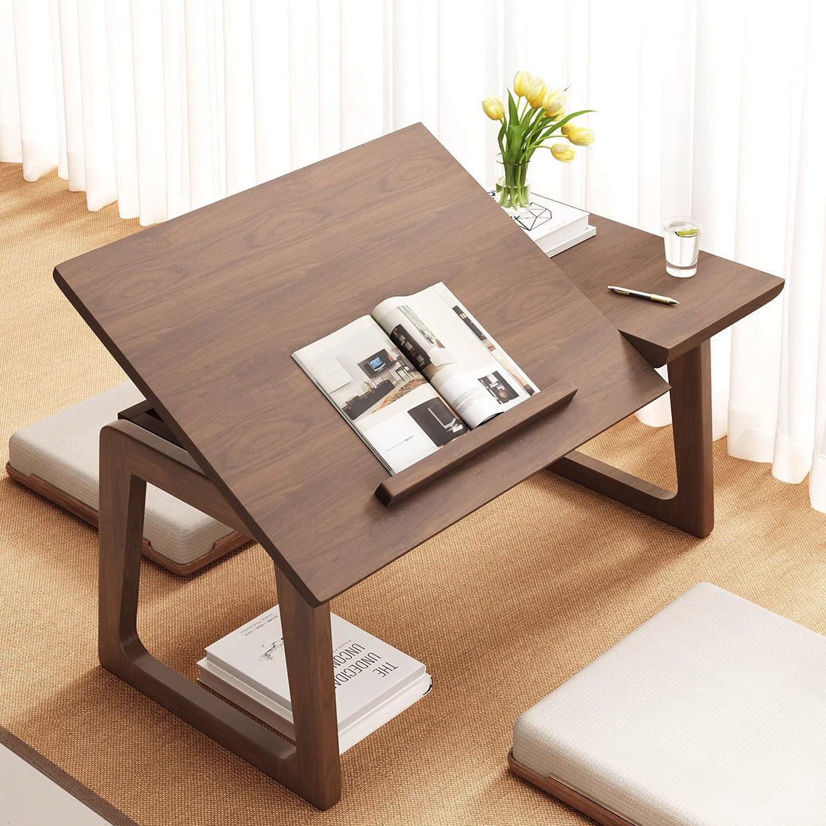 Japanese Solid Wood Foldable Side Table Tilting Top Hero