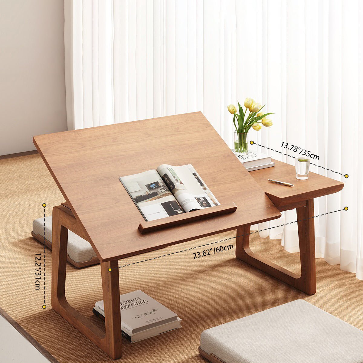 Japanese Solid Wood Foldable Side Table Tilting Top Side