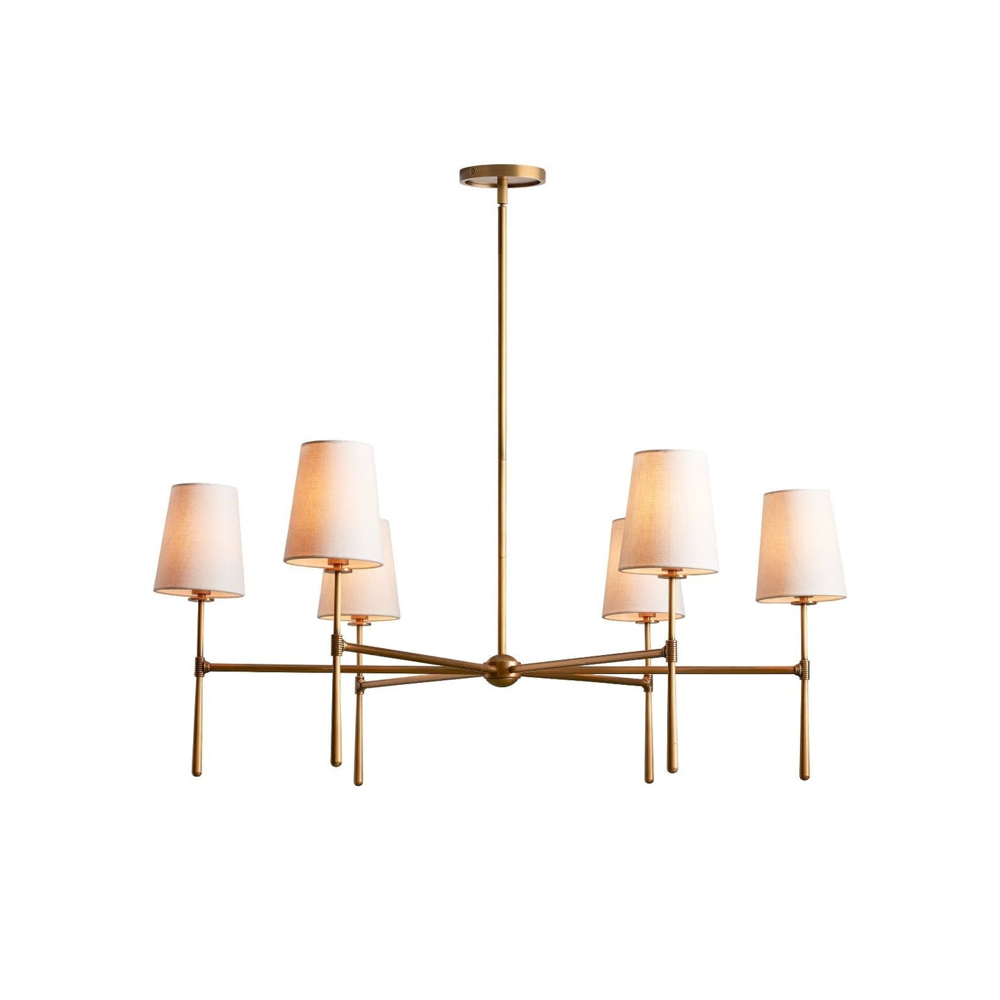 Mid Century Chandelier Linen Shade Splayed Arms Front