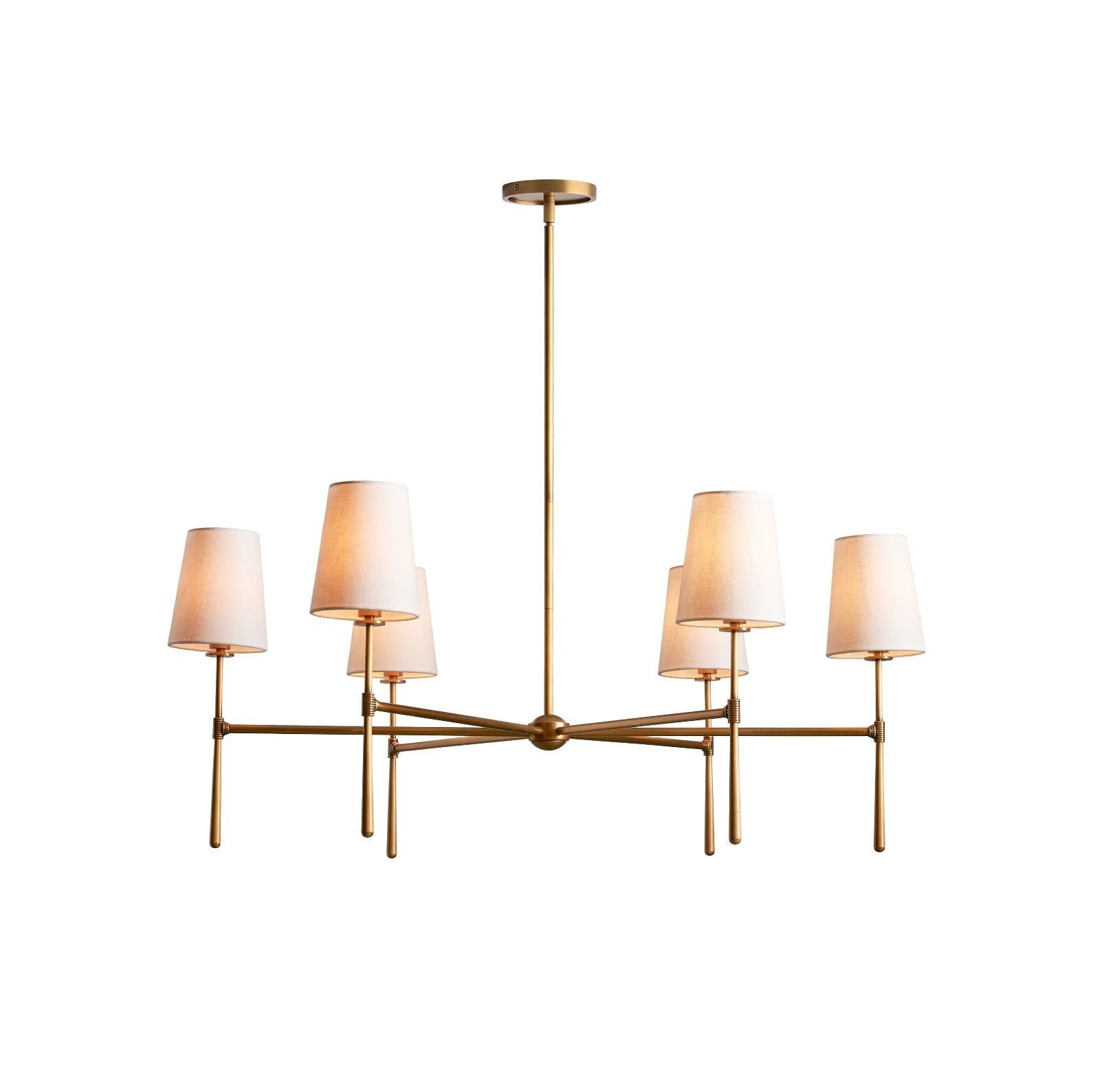 Mid Century Chandelier Linen Shade Splayed Arms Front