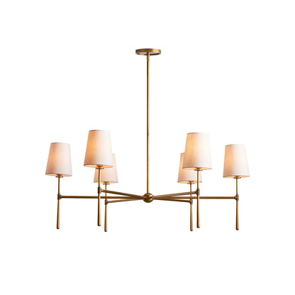 Mid Century Chandelier Linen Shade Splayed Arms Front