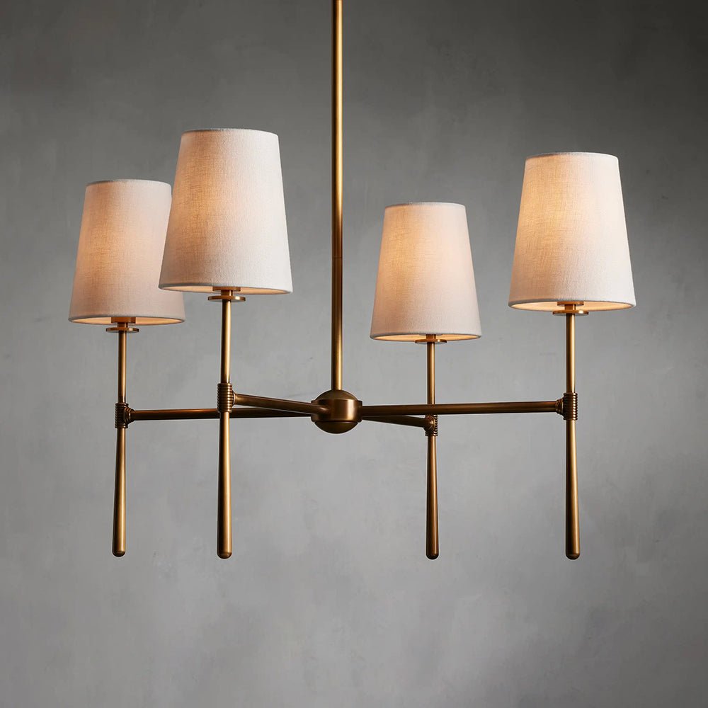 Mid Century Chandelier Linen Shade Splayed Arms Full