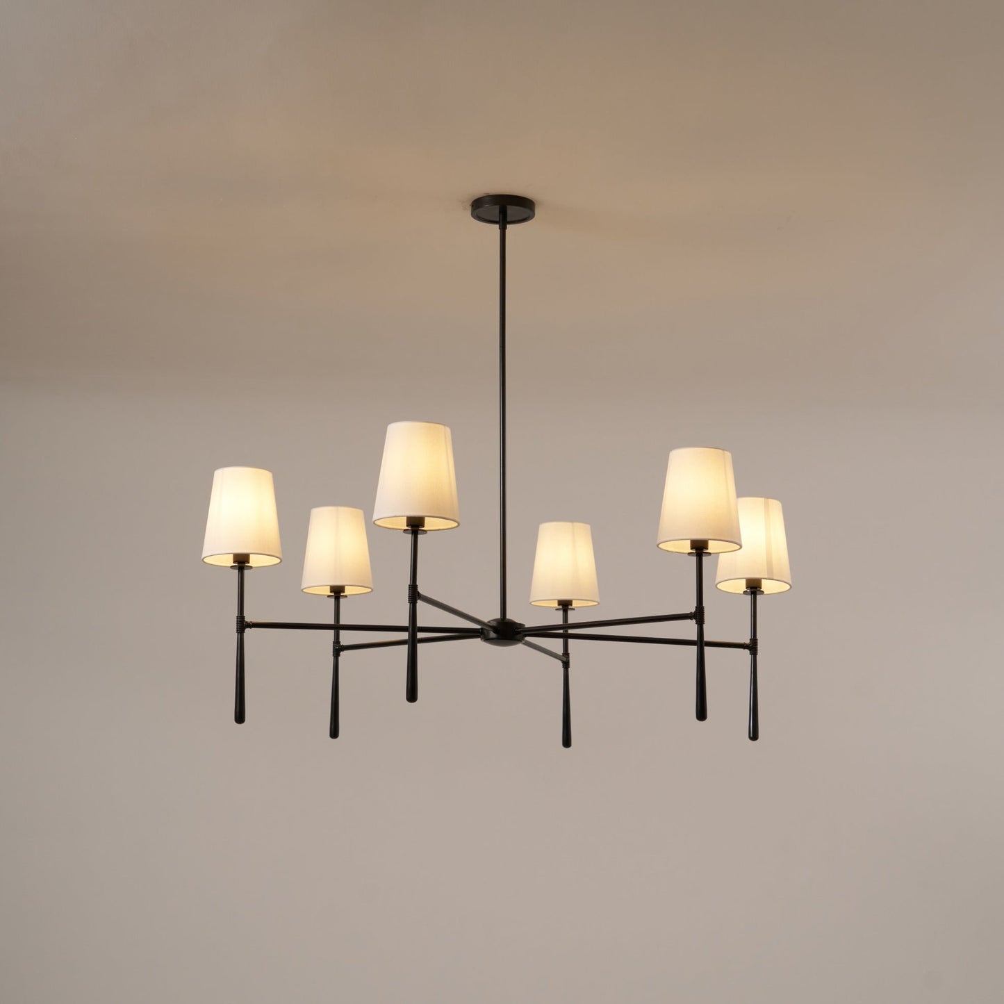 Mid Century Chandelier Linen Shade Splayed Arms View 17
