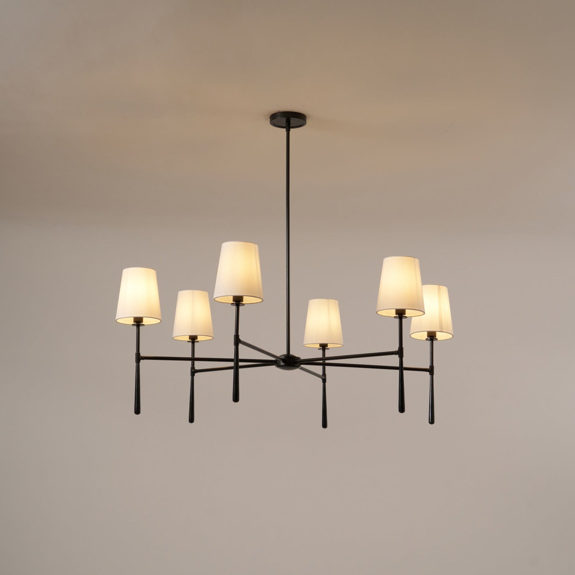 Mid Century Chandelier Linen Shade Splayed Arms View 17