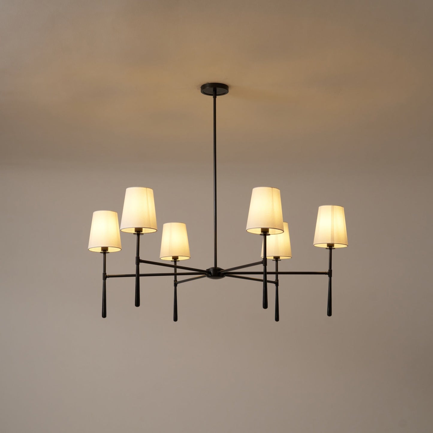 Mid Century Chandelier Linen Shade Splayed Arms View 19
