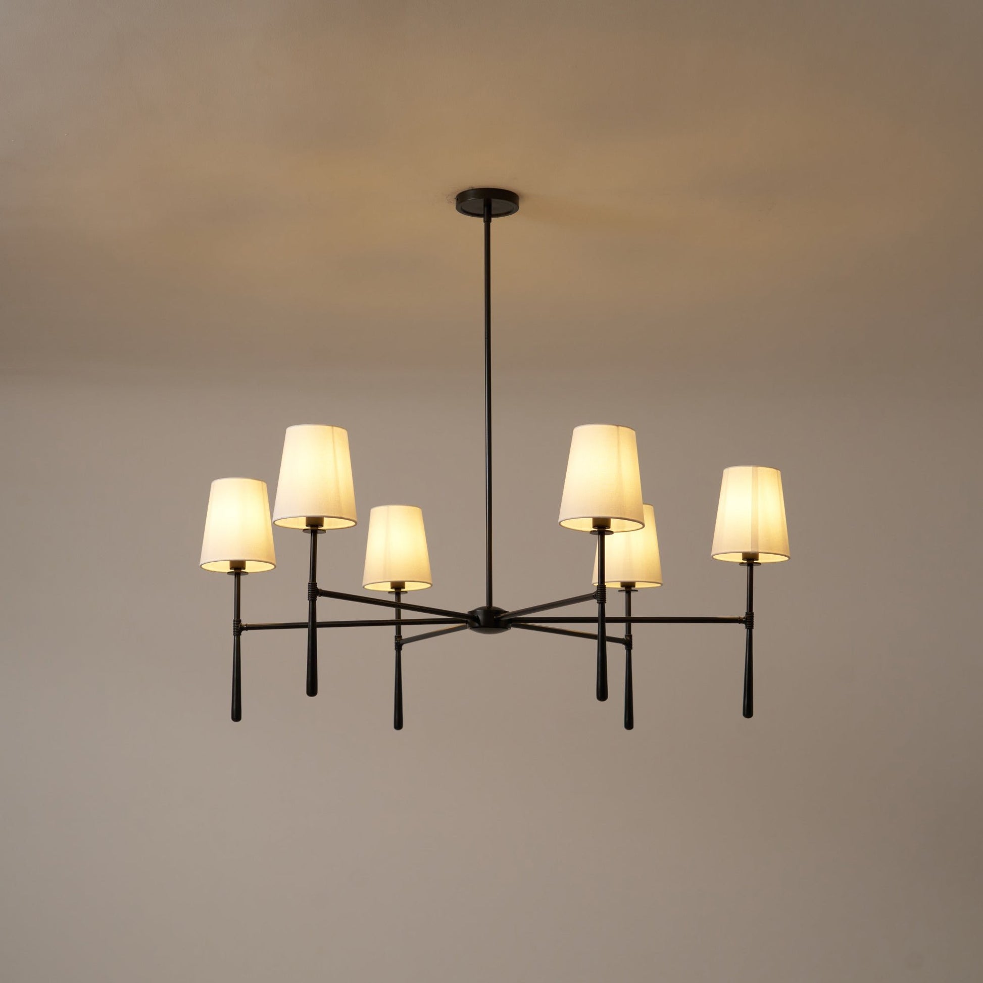 Mid Century Chandelier Linen Shade Splayed Arms View 19