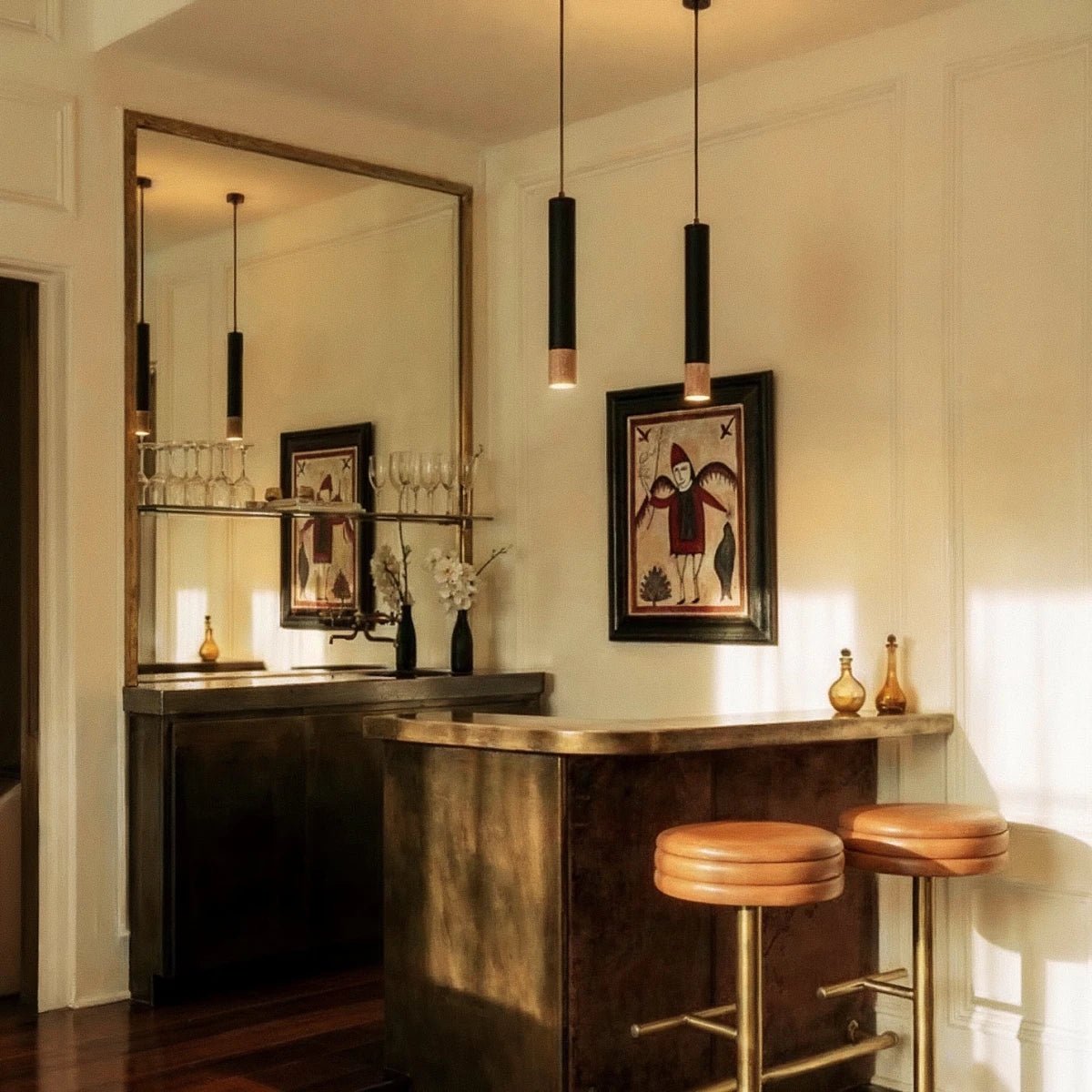 Minimalist Aluminum Pendant Light Gold Band Cylinder Back