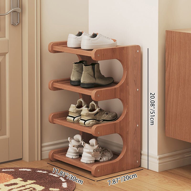 Minimalist Bamboo Shoe Storage S-Curve Tiered Shelf Close Up