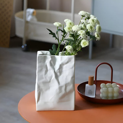 Minimalist Ceramic Flower Vase Crumpled Paper Look Detail